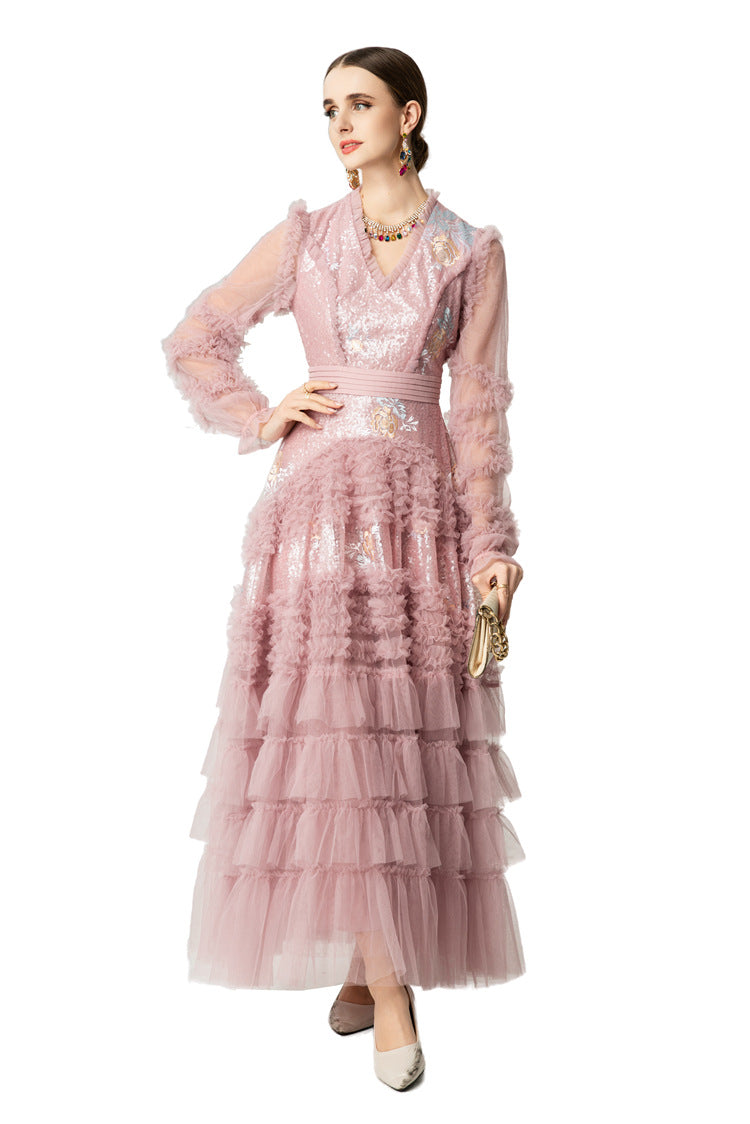 Sequin Embroidery Tiered Tulle Maxi Dress with Ruffled V-Neck SP10055
