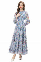Light Blue Floral Ruffled Tulle Tiered Maxi Dress – French Fairy Style SP10011