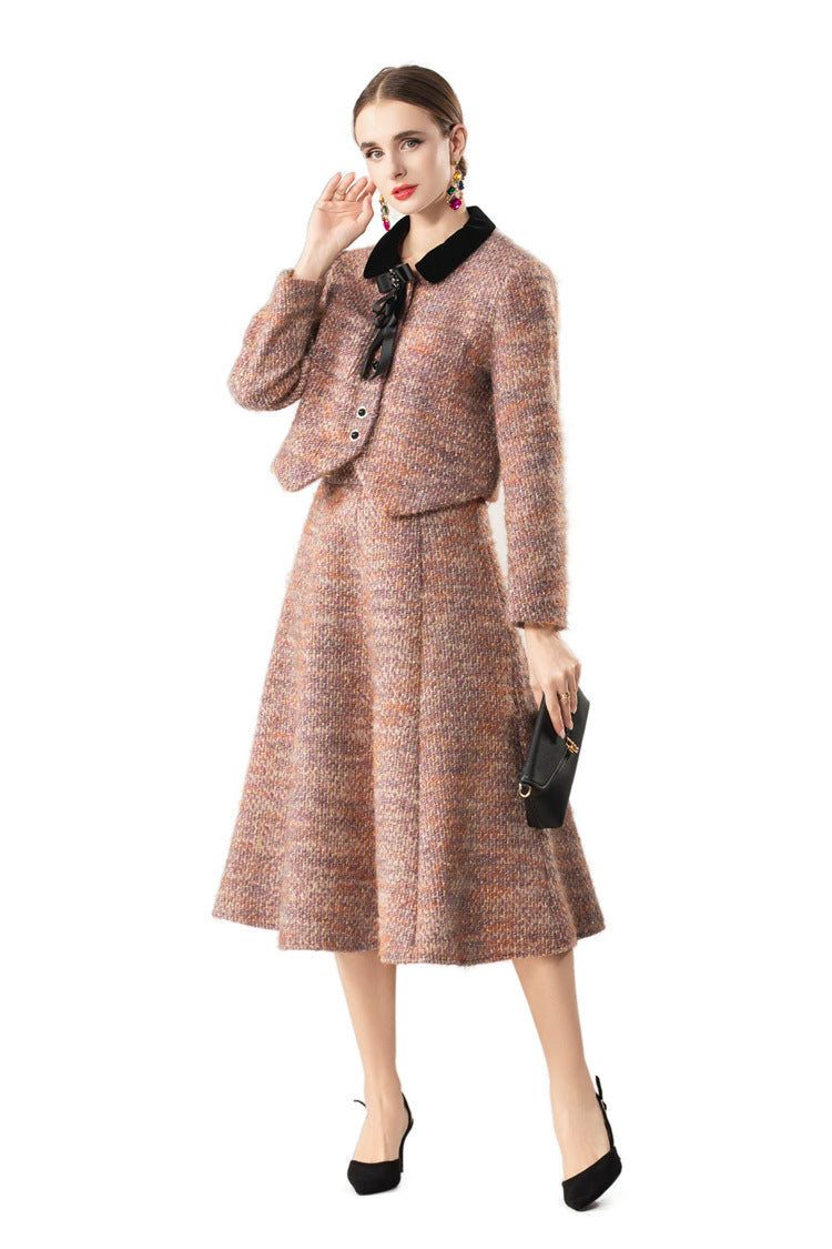 Velvet Collar Tweed Jacket & A-Line Skirt Two-Piece Set SP10082