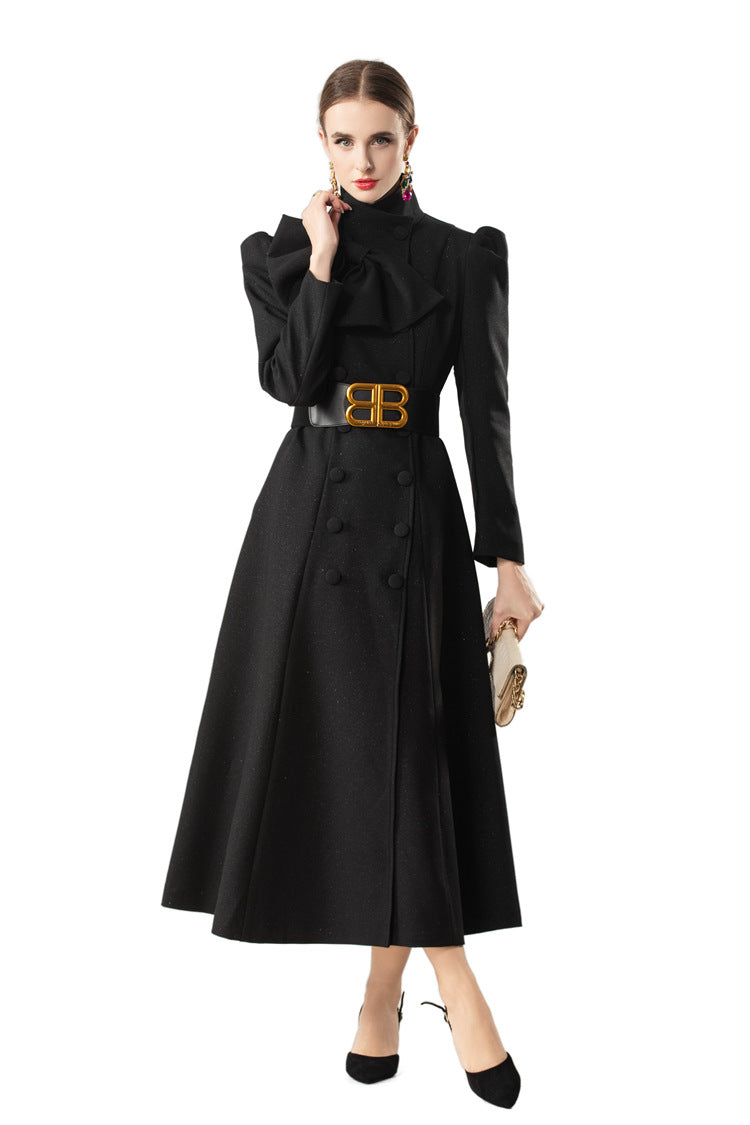 Bow Neck Puff Sleeve Double-Breasted Maxi Coat Dress SP10089