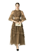 Taupe Geometric Sequin Tiered Tulle Maxi Dress SP10040