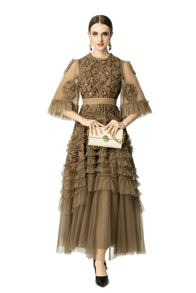 Taupe Geometric Sequin Tiered Tulle Maxi Dress SP10040