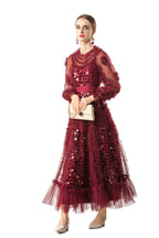 Burgundy Sequin Ruffled Tiered Tulle Midi Dress SP10076