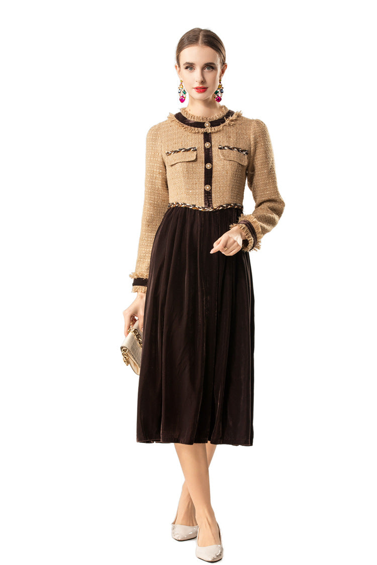 Frayed Collar Tweed Velvet Patchwork Midi Dress SP10072
