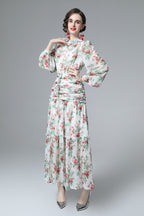 Floral Print Ruched Waist Tiered Chiffon Maxi Dress SP10032