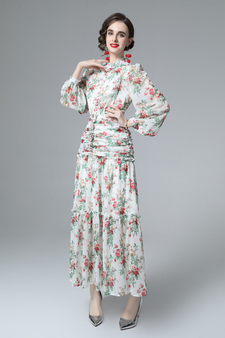 Floral Print Ruched Waist Tiered Chiffon Maxi Dress SP10032