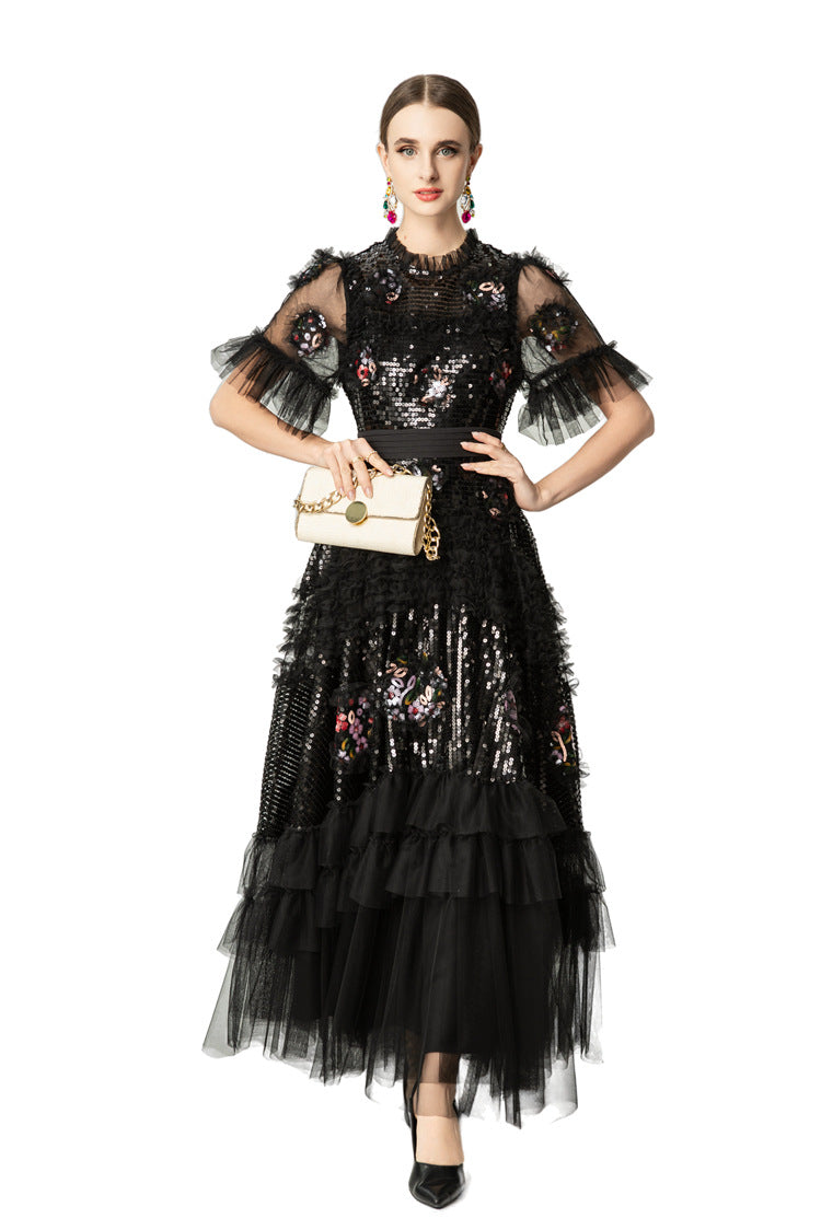 Sequin Floral Embroidered Tiered Tulle Maxi Dress – Ruffled Neck SP10037