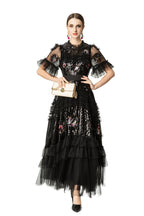 Sequin Floral Embroidered Tiered Tulle Maxi Dress – Ruffled Neck SP10037