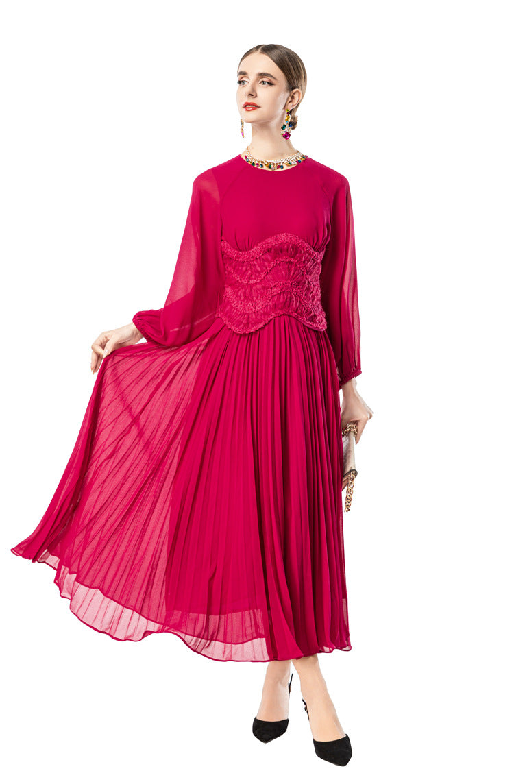 Sheer Puff Sleeve Embroidered Waist Pleated Midi Dress SP10094