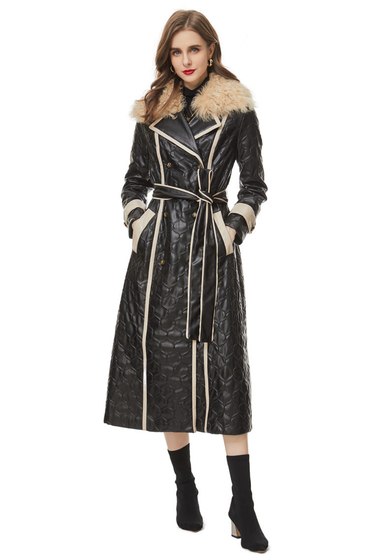 Black Quilted Faux Leather Contrast Trim Maxi Trench Coat SP10030