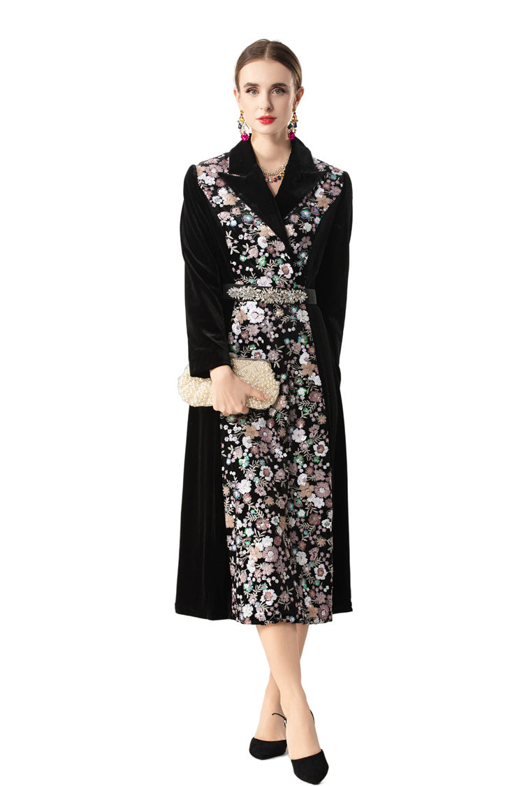 Velvet Floral Embroidered Notched Collar Midi Dress SP10069