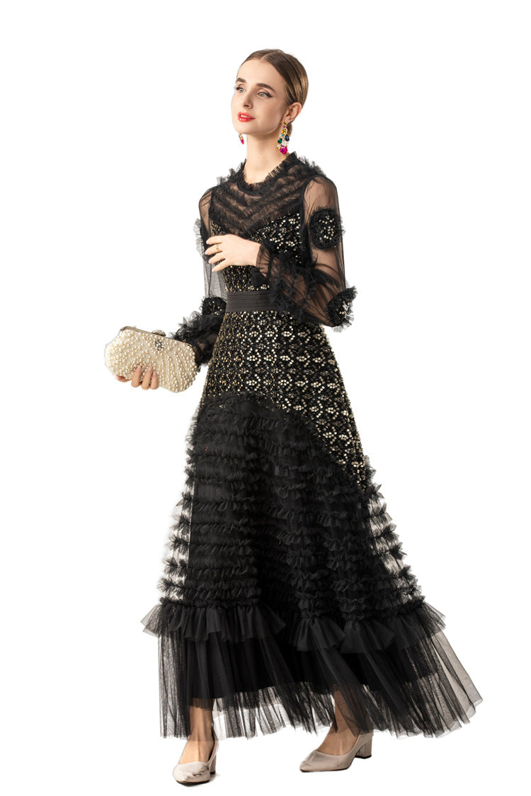 Sequin Embellished 3D Floral Tiered Tulle Maxi Dress SP10086