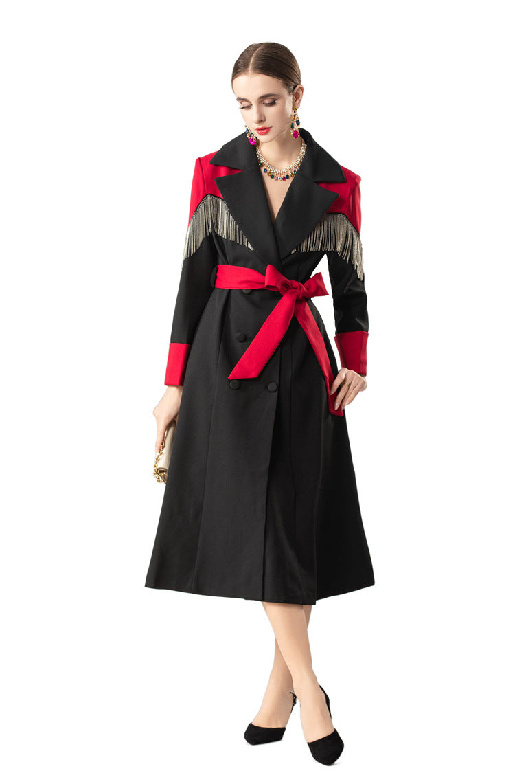 Fringe Trim Color-Block Double-Breasted Trench Dress SP10074