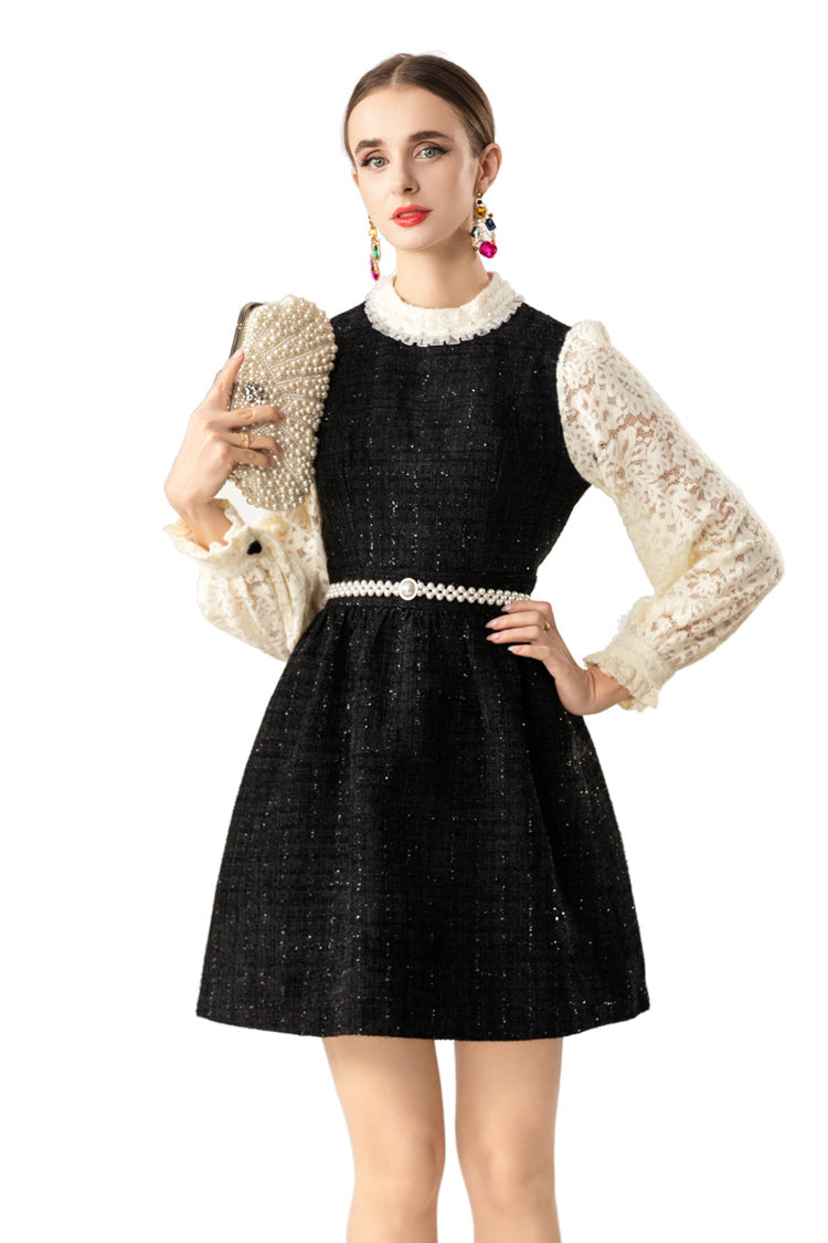 Lace Sleeve Tweed Mini Dress with Pearl Belt SP10088