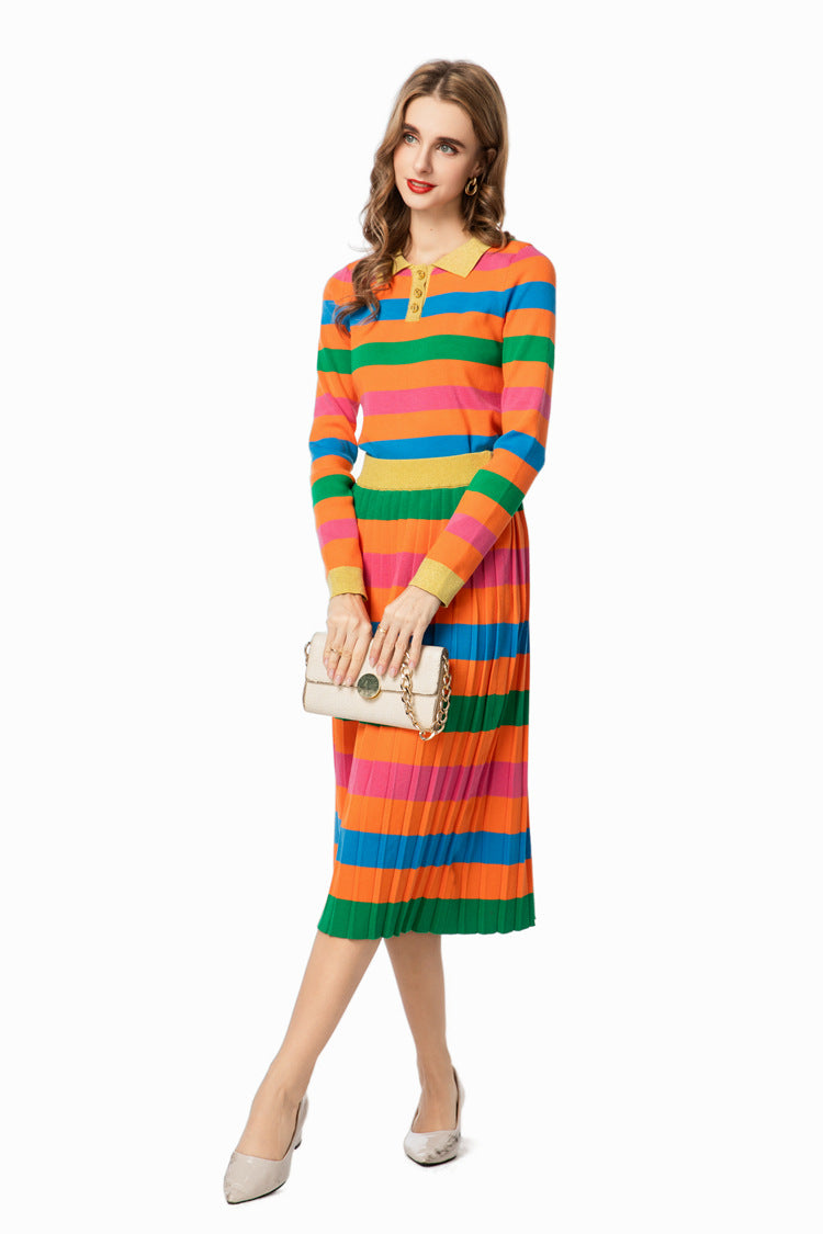 Rainbow Striped Knit Polo Top & Pleated Skirt Set SP10007