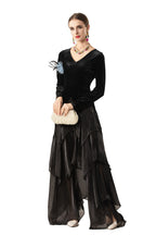 Velvet Satin Asymmetrical Tiered Maxi Dress with Floral Brooch SP10081