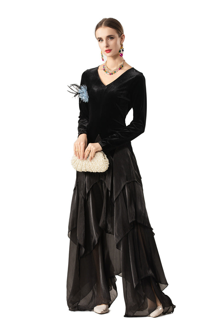 Velvet Satin Asymmetrical Tiered Maxi Dress with Floral Brooch SP10081