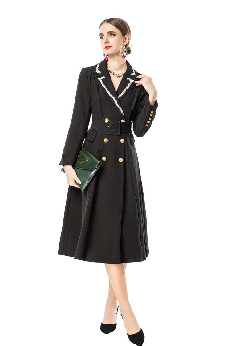 Black Blazer Dress with Braided Trim Lapel & Gold Double Breasted Buttons SP10115