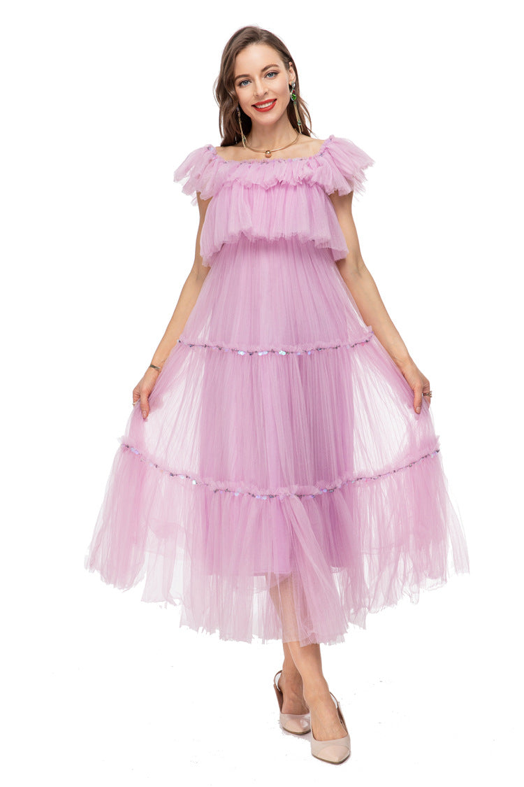 Lavender Tulle Off Shoulder Tiered Midi Dress – Fairy Party Gown SP10014