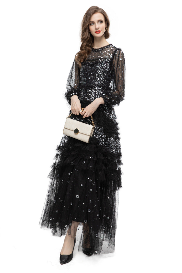 Black Sequin Beaded Tiered Tulle Maxi Evening Gown SP10031