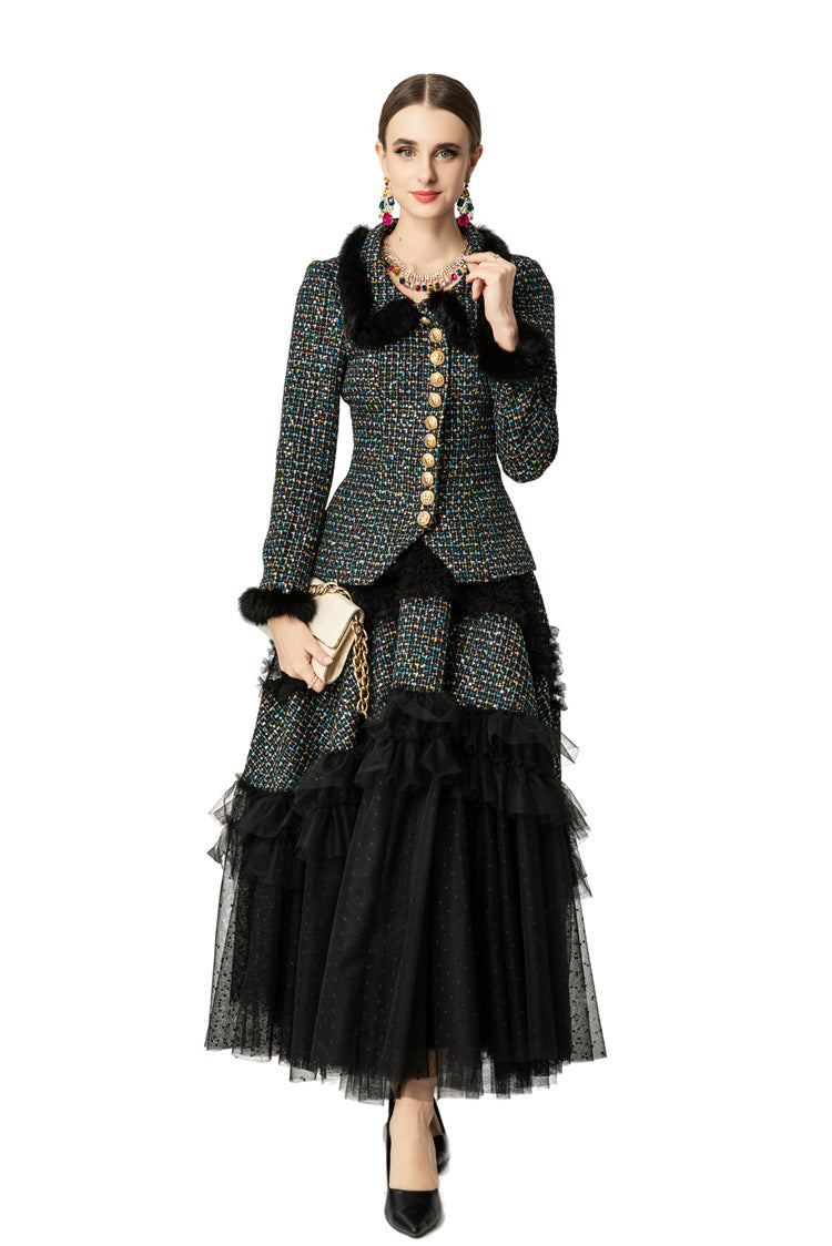 Tweed Faux Fur Trim Jacket & Tiered Tulle Skirt Two-Piece Set SP10051