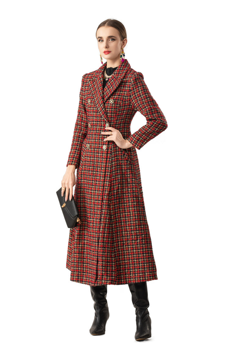 Red Plaid Tweed Double-Breasted Maxi Coat Dress SP10079