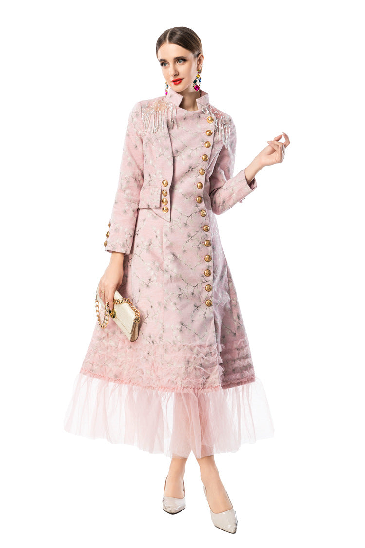 Pink Jacquard Qipao Style Dress with Fringe Shoulder Details & Tulle Hem SP10111