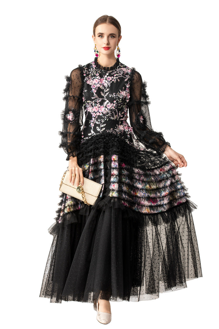Ruffled High Neck 3D Floral Tiered Tulle Maxi Dress SP10083