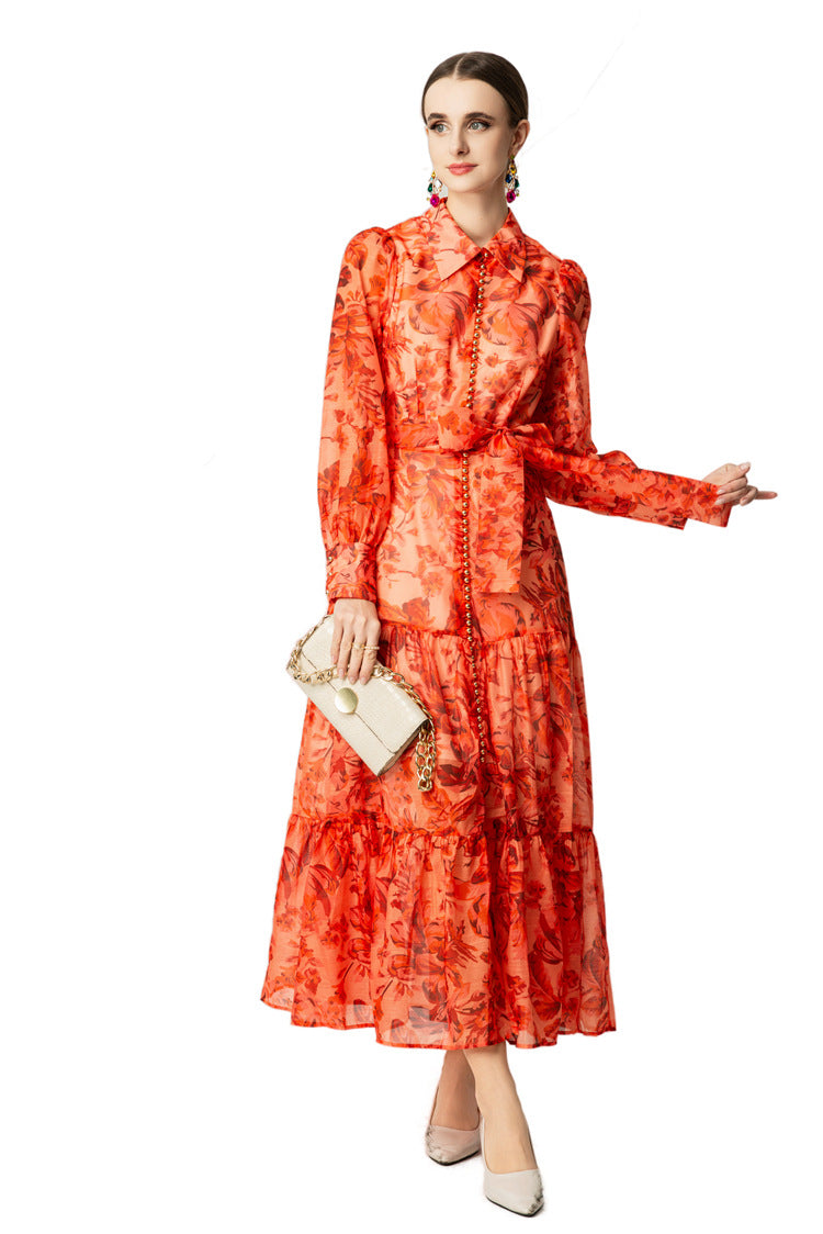 Orange Floral Print Collared Tiered Ruffle Maxi Dress SP10047