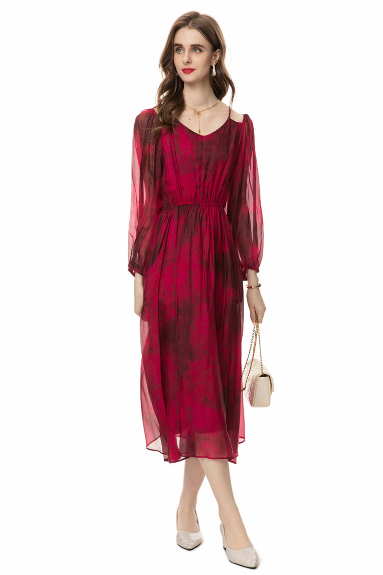 Silk Asymmetrical V-Neck Cinched Waist Midi Dress – French Luxury SP10029
