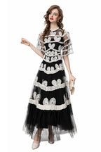 Black & White 3D Floral Embroidered Tiered Tulle Maxi Dress SP10028
