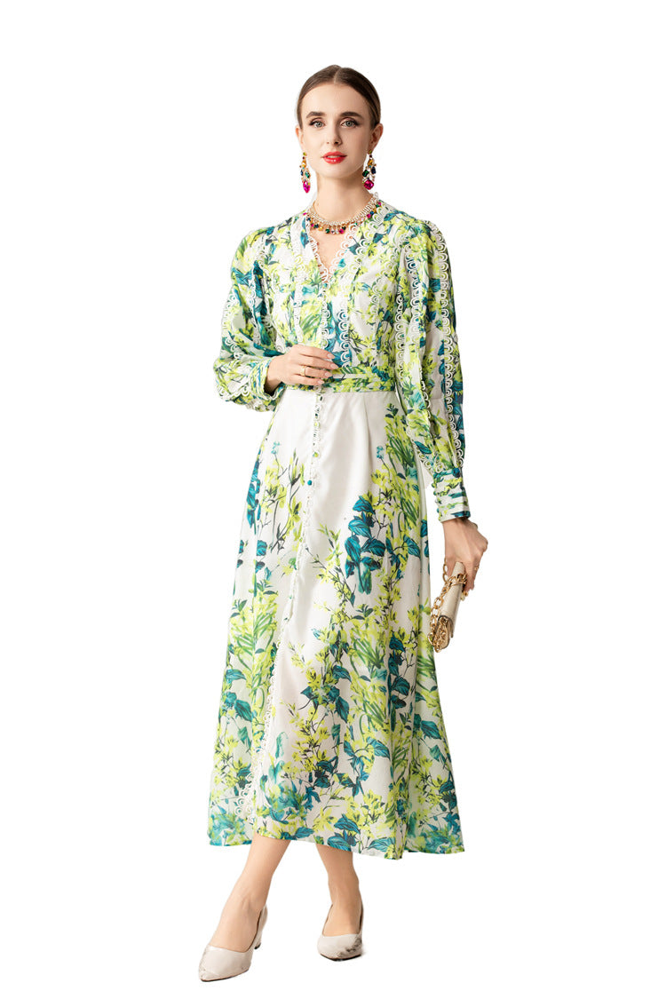Green Floral Print Lace Trim Button Front Slit Maxi Dress SP10066
