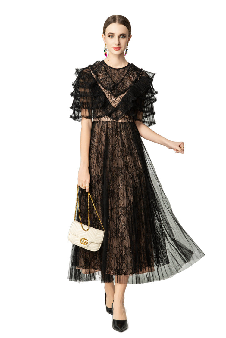 Black Lace Fake Two-Piece Ruffled Sleeve Maxi Dress SP10043