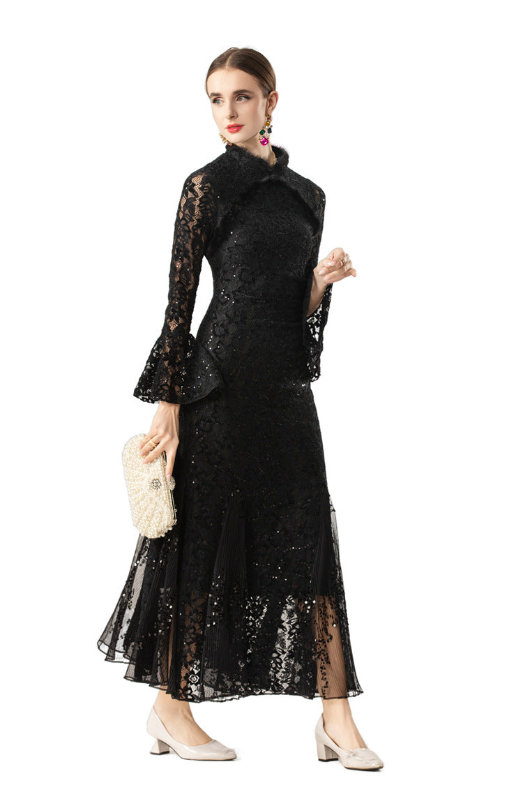 Furry Collar Sequin Lace Mermaid Maxi Dress SP10073