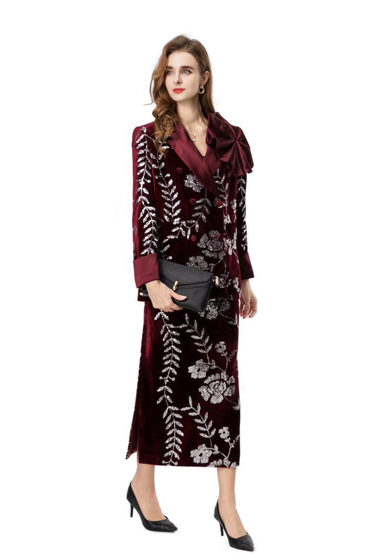 Burgundy Velvet Sequin Floral Blazer & Pencil Skirt Set SP10020