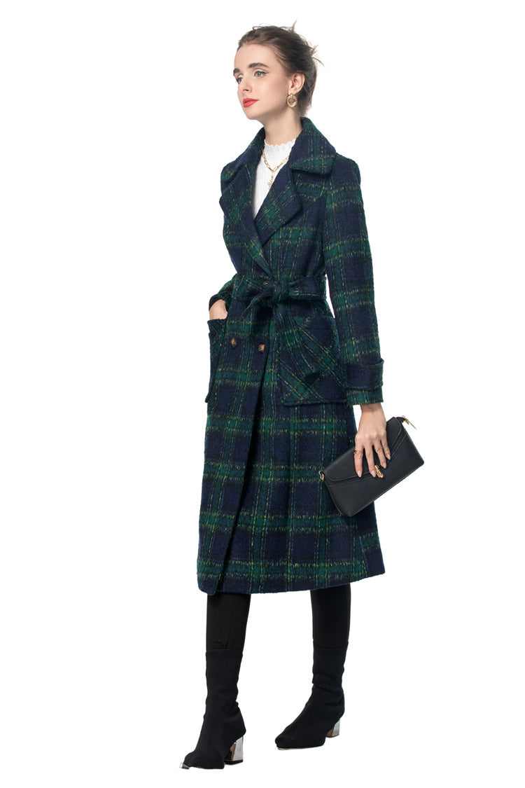 British Style Plaid Wool Blend Long Coat with Belt – Vintage Luxury Overcoat SP10003