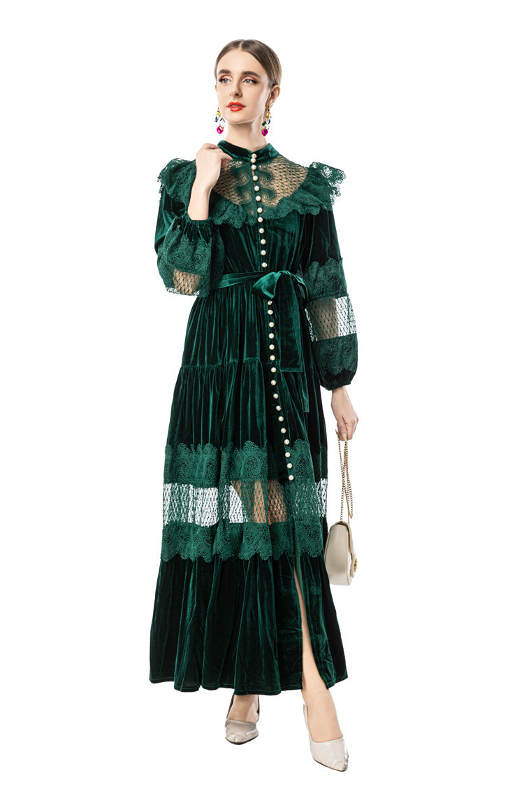 Women's Vintage Court Style Velvet Maxi Dress, Ruffle Lace Hollow Out Patchwork Long Sleeve Pearl Button Formal Evening Gown SP10103