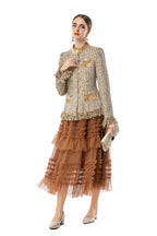 Women's Tweed 2-Piece Set, Gold Fringe Trim Tweed Jacket + Brown Tiered Tulle Maxi Skirt SP10107