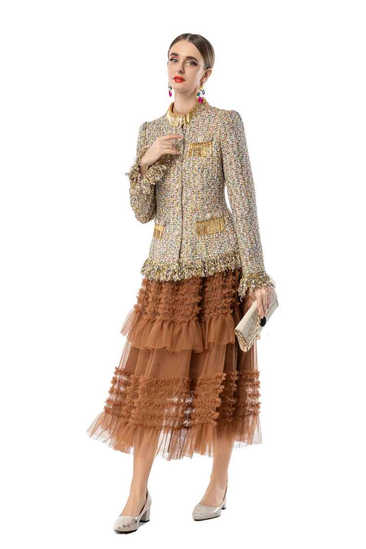 Women's Tweed 2-Piece Set, Gold Fringe Trim Tweed Jacket + Brown Tiered Tulle Maxi Skirt SP10107
