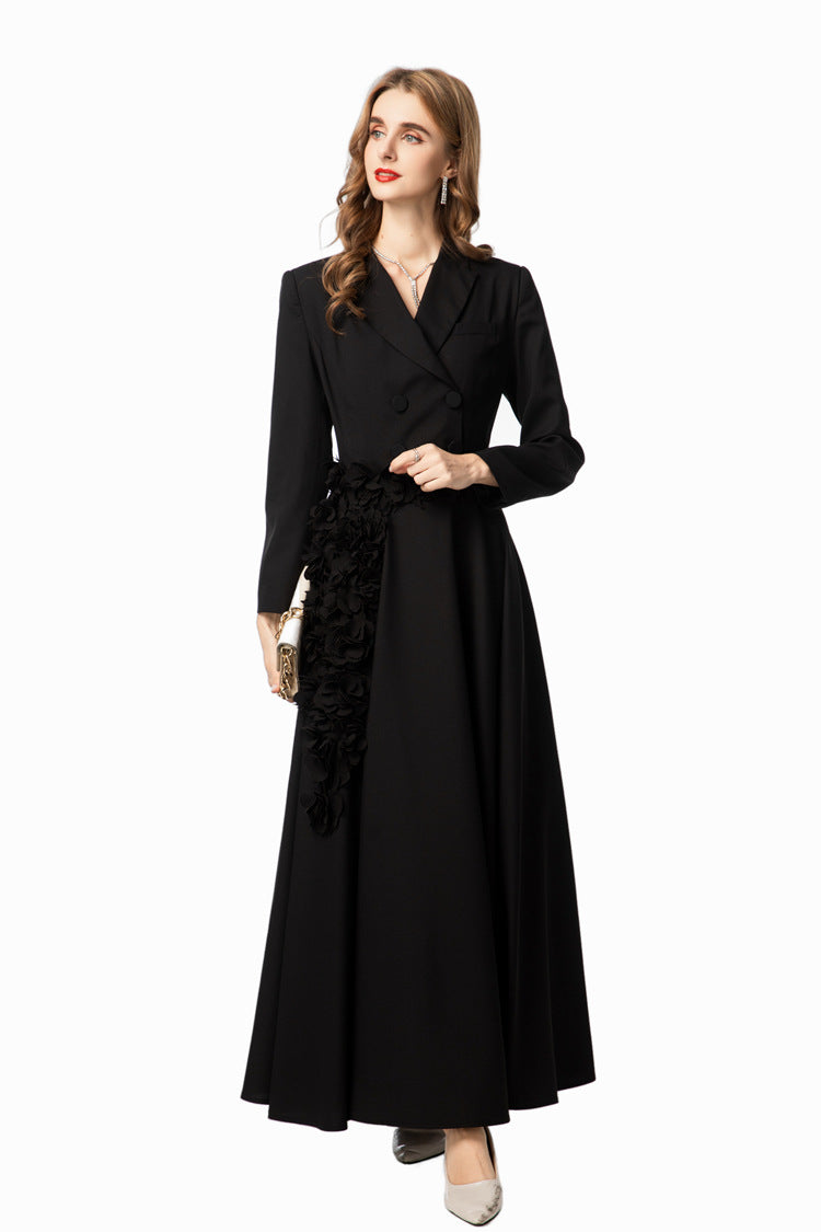 Black Suit Fabric Floral Applique A-Line Maxi Dress SP10022