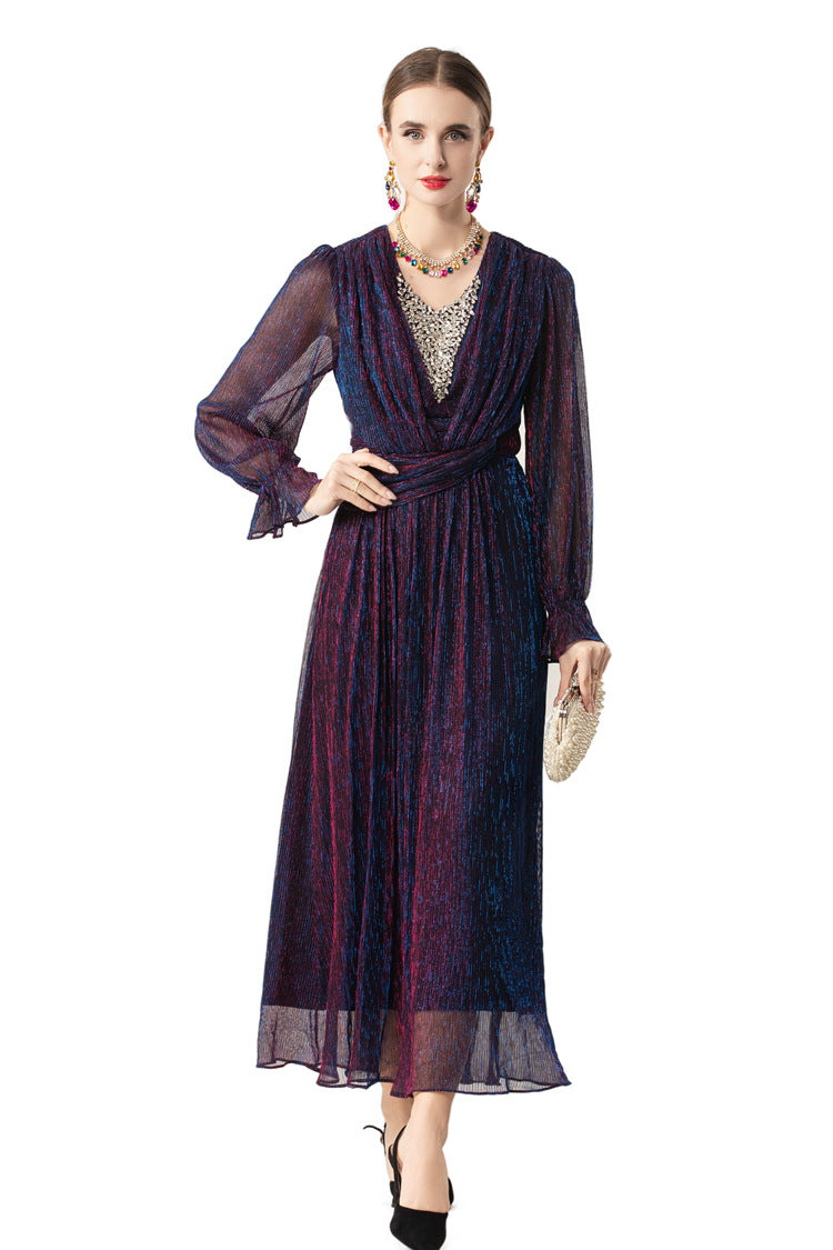 Iridescent Shimmer Beaded Ruched Waist Midi Dress SP10015