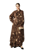 Brown Floral Print Bow Tie Neck Loose Maxi Dress SP10041