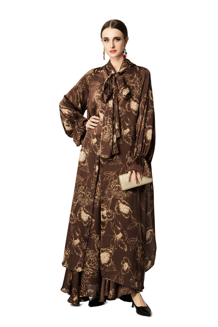 Brown Floral Print Bow Tie Neck Loose Maxi Dress SP10041