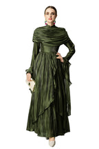 Olive Green Satin Draped Shawl Maxi Dress SP10053
