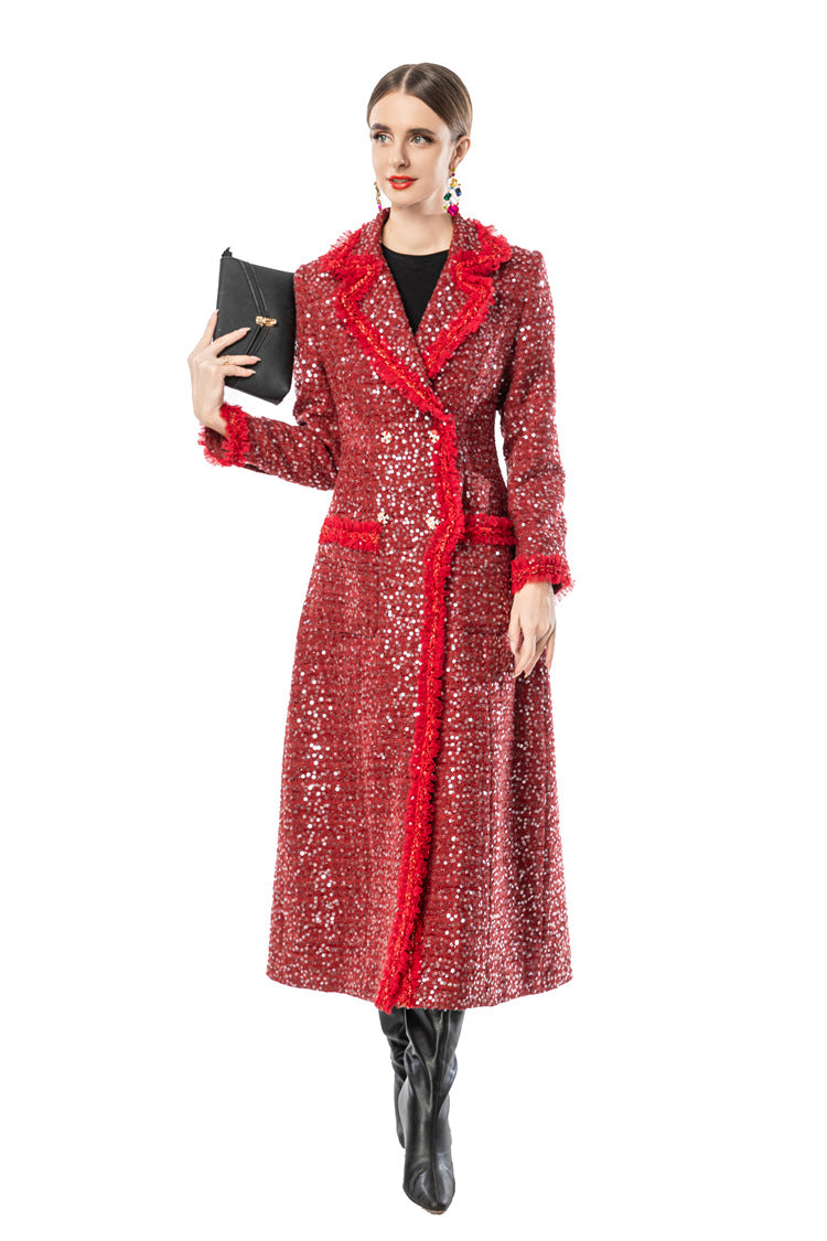 Red Sequin Fringe Trim Double-Breasted Maxi Coat SP10093