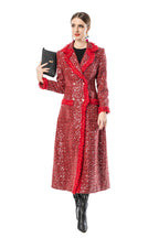 Red Sequin Fringe Trim Double-Breasted Maxi Coat SP10093