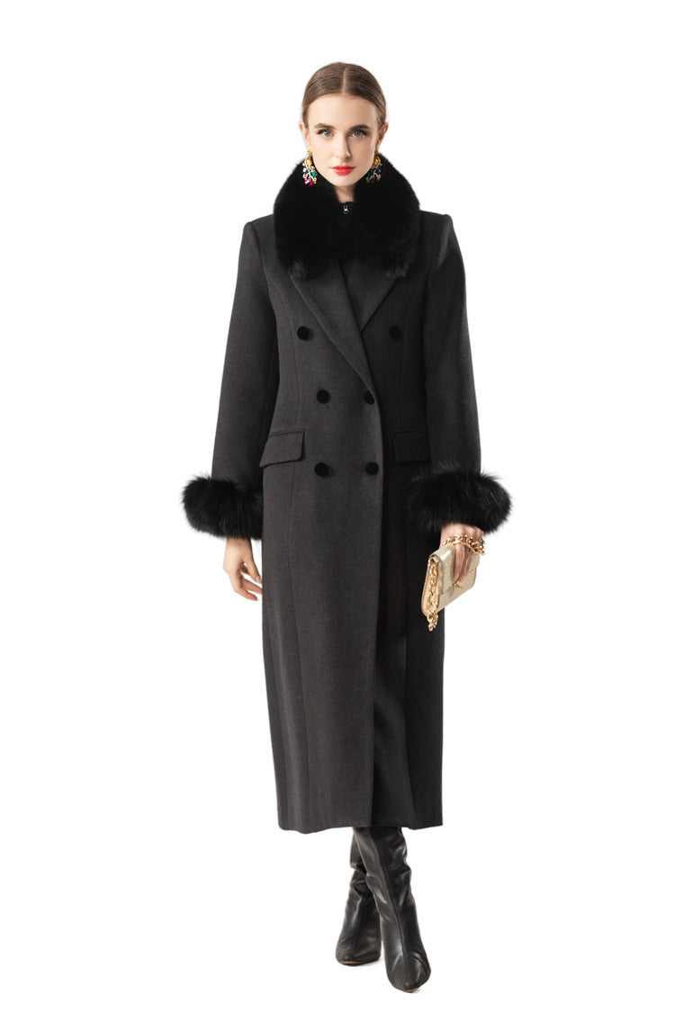 Fur Trim Double-Breasted Maxi Wool Coat Dress SP10078