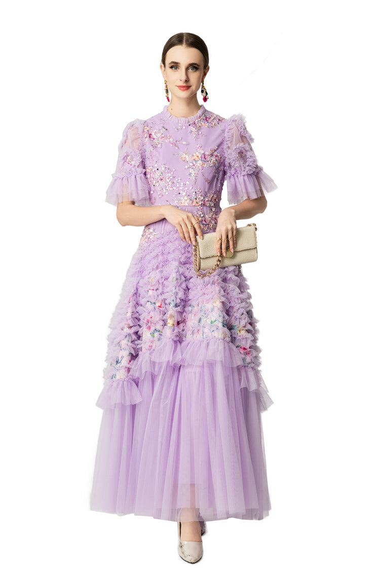Lavender Floral Embroidery Sequin Tiered Tulle Maxi Dress SP10046