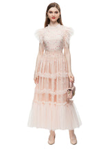 Pink Floral Embroidered Tulle Ruffled Sleeve Midi Dress – French Luxury SP10004