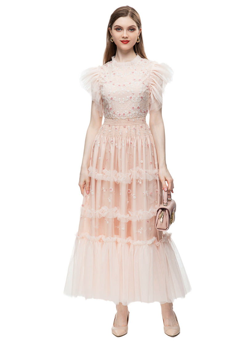 Pink Floral Embroidered Tulle Ruffled Sleeve Midi Dress – French Luxury SP10004